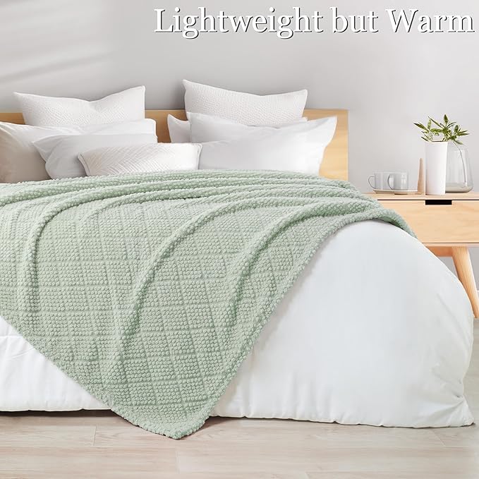 Whale Flotilla Fuzzy Fleece Throw Blanket for Couch, Bed, Soft Fluffy Jacquard Waffle Blankets for All Season, Lightweight and Warm, 50x60 Inch, Sage Green