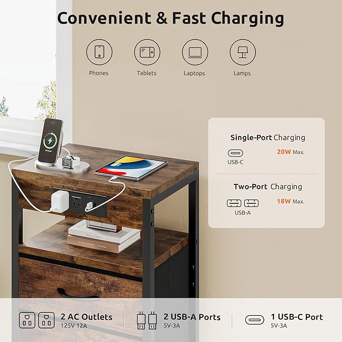 NightStand Bedside Charging Table Bedroom - Night Stand with Charger Station, Modern Nightstand with Open Shelf & 4 Fabric Drawers, Bed Side Table with USB-C USB Ports & AC Outlets for Dorm