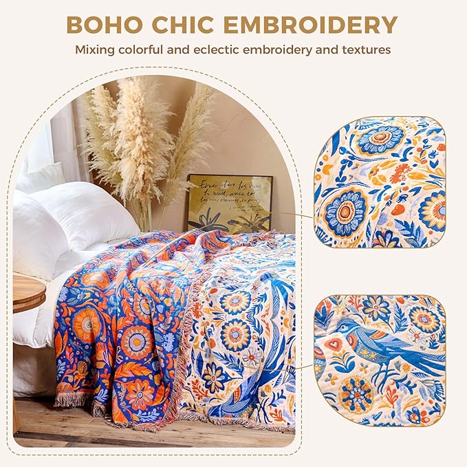 Boho Throw Blanket for Couch Sofa Chair Cotton Spring Blankets for Bedroom Living Room All Season Soft Lightweight Reversible Floral Bird Embroidery Throws 50"x60"