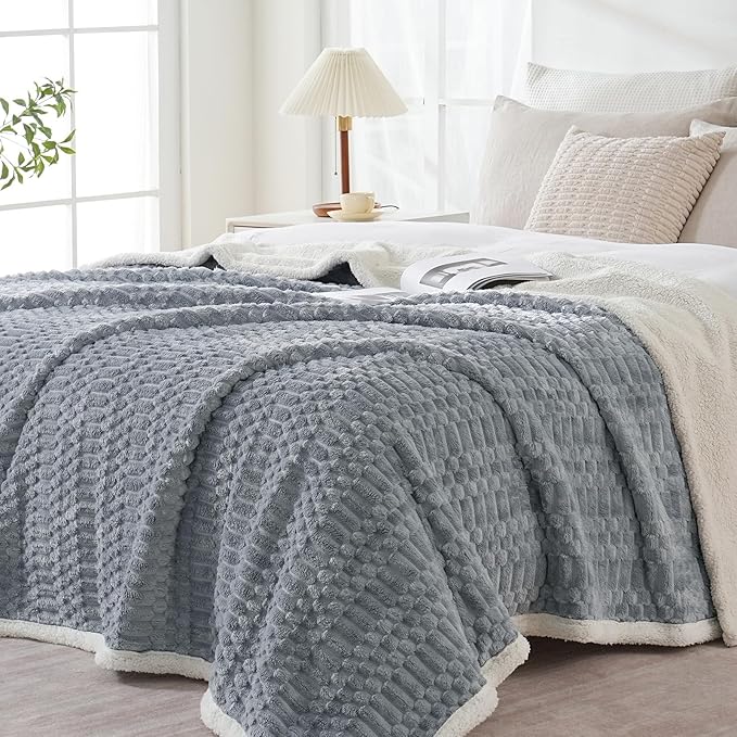 Sherpa Throw Blanket for Couch Flannel Cozy Soft Thick Blanket Warm Twin Blanket for Bed Fleece Home Decor Gifts, Z01 - Grey Blue, 60"*80"