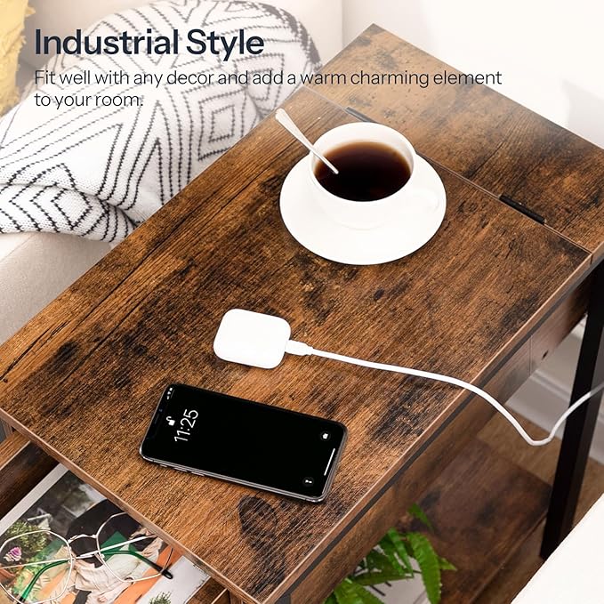 HOOBRO End Table with Charging Station, Narrow Side Table, Small Nightstand, Bedside Tables with Drawer and Storage Shelves, for Small Spaces, Living Room, Bedroom, Rustic Brown and Black BF041BZ01G1