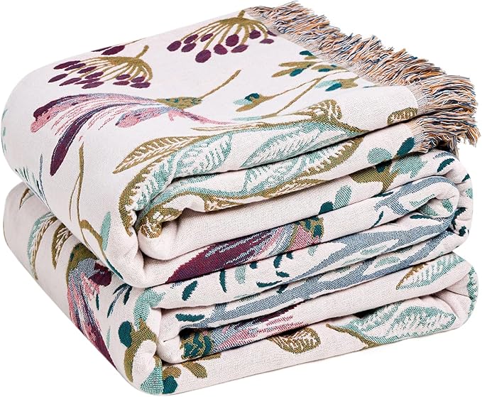Boho Throw Blanket for Bed Cotton Spring Blankets Bedroom Living Room Twin All Season Lightweight Floral Embroidery Quilt for Couch Sofa Chair 60"x80"
