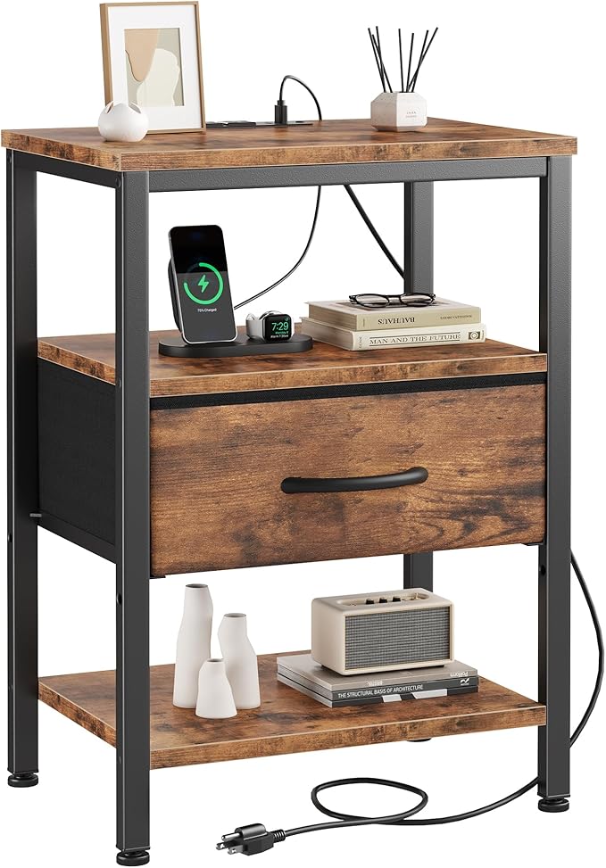 DUMOS Bedside Table with Charging Station and Adjustable Fabric Drawer Compact Nightstand 3-Tier Storage Organizer End Table for Bedroom,Brown