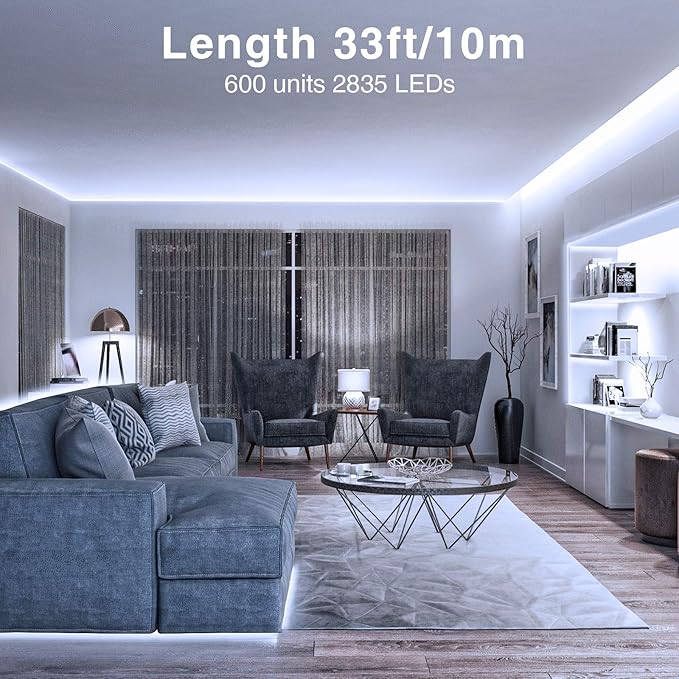Onforu White LED Strip Lights, 32.8FT 6000K Super Bright Dimmable Tape Light Kit, 600 LEDs Daylight Easter Rope Light, 12V Flexible Strip Lighting for Mirror, Under Cabinet, Home, Bedroom (Pack of 2)