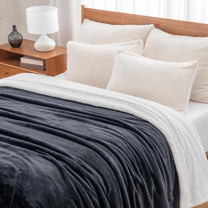 Berkshire Blanket-Sherpa Fleece Blanket, Warm and Soft Loftmink Reversible Blanket for Bed, Sofa and Travel, Black, 90 in x 108 in