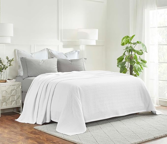 Superior JENA Cotton Blanket, for Picnic, Beach, Traveling or Camping, Bedroom Decor, Essentials, Cover for Bed, Couch, Lounging, Textured Jacquard, Modern Chevron Woven Blanket, Twin, White