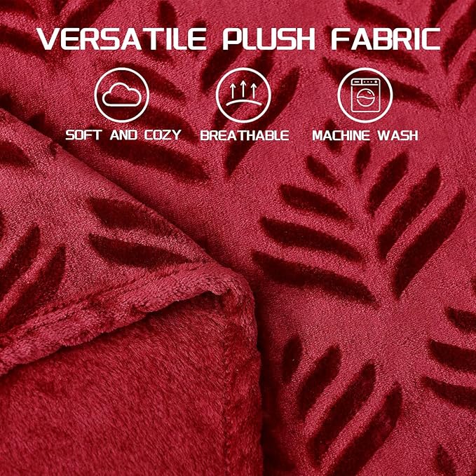 Exclusivo Mezcla Twin Size Fleece Blanket for Bed, Super Soft and Cozy Blankets All Season Use, Leaves Pattern, Plush Fuzzy Lightweight, Deep Red, 60x80 Inch