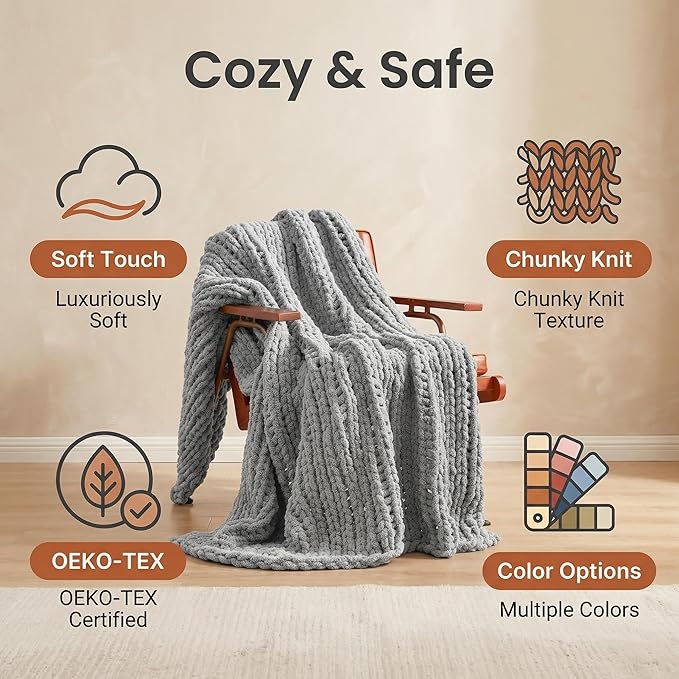Amélie Home Chunky Knit Throw Blanket for Couch, Soft Chenille Crochet Blanket for Children, 40"x50", Light Grey