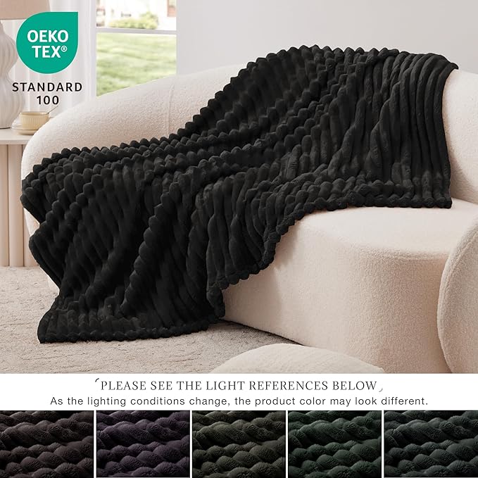 EXQ Home Fleece Blanket Twin Size for Couch or Bed - 3D Stripe Jacquard Decorative Blankets - Cozy Soft Lightweight Fuzzy Flannel Blanket Suitable for All Seasons(60"×80",Black)