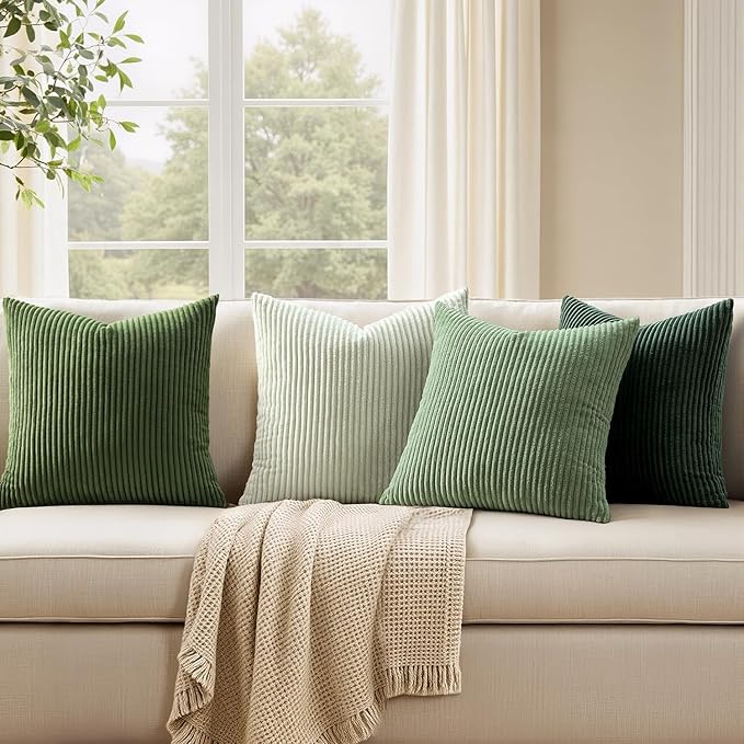 EMEMA Spring Green Decorative Throw Pillow Covers for Couch Bed Livingroom 16x16 Inch Set of 4 Boho Farmhouse Corduroy Striped Square Pillow Case,Western Modern Cushion Covers Home Decor