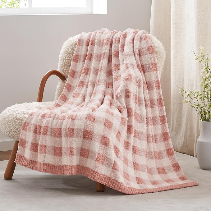Snuggle Sac Checkered Throw Blanket for Couch, Super Soft, Cozy Warm Knit Decorative Blankets, Reversible Plaid Fluffy Throws for Sofa, Bed, Plaid Pink, 50x60 Inches