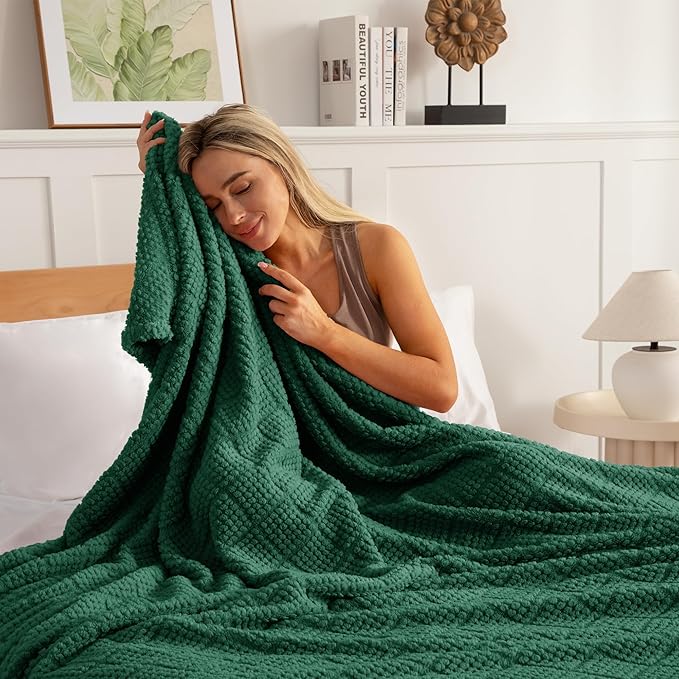 Whale Flotilla Fuzzy Fleece Throw Blanket for Couch, Bed, Soft Fluffy Jacquard Waffle Blankets for All Season, Lightweight and Warm, 50x60 Inch, Emerald Green