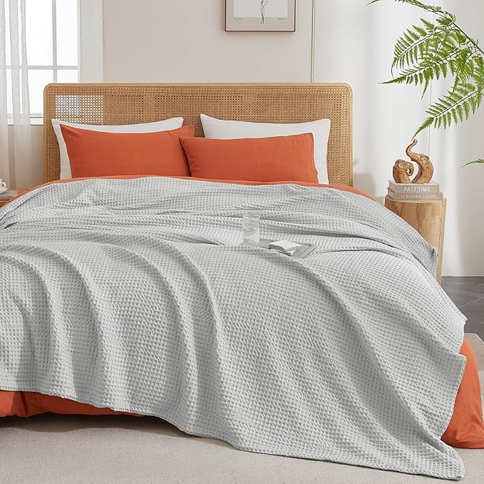 PHF Ultra Soft Waffle Weave Blanket King Size 104"x 90"- Washed Lightweight Breathable Cozy Woven Blanket for Bed - Aesthetic Decor for Couch Bedding Sofa Home Car - Light Grey