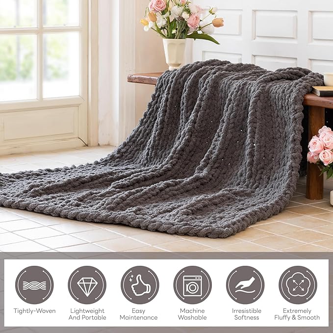 Chunky Knit Blanket - Luxury Soft Cozy 60 * 80 Throw Blanket,100% Woven Blanket Rope Knot Throw Blanket for Couch, Sofa, Home Decor, Gift - Machine Washable (Black Gray, 60 * 80)