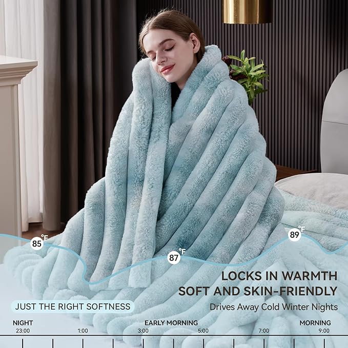 Fluffy Faux Fur Throw Blanket Queen Size, Thick 1000GSM Soft Cozy Throw Blankets for Bed, Plush Striped Warm Fuzzy Blanket for Couch LivingRoom Home Decor & Gifts(80"x 90", Tie-dye Blue)