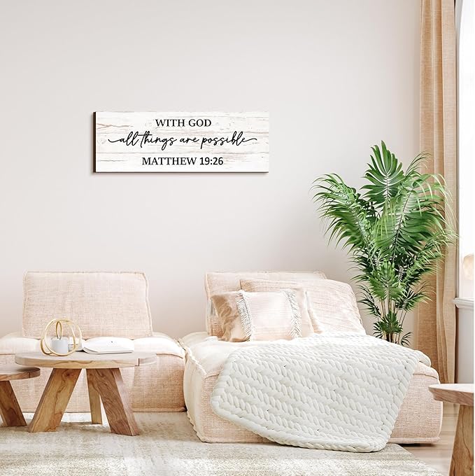 Jetec Farmhouse Bible Verse Scripture Wall Signs, with God All Things Are Possible Wooden Plaque Decor for Church Home Christian Wall Art Decor(17 x 6 Inch, Matthew)