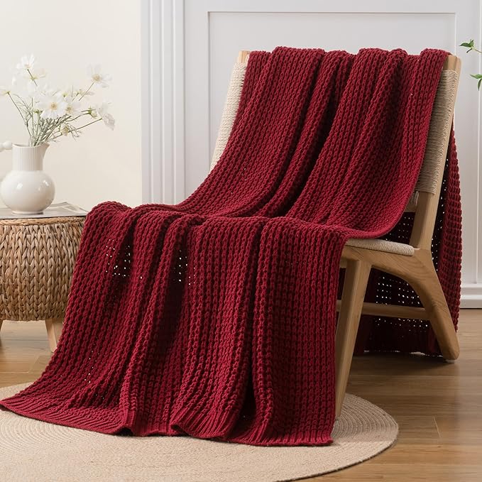 Bunnikins & Clover Christmas Throw Blanket for Couch, Knitted Waffle Throw Blanket, Red Blanket Throw for Women Mothers Birthday Gifts, 50"x60"