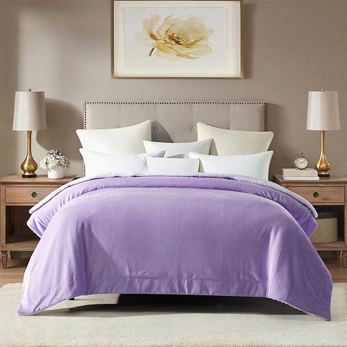 Mocassi Premium Ultra-Soft Flannel Fleece Sherpa Throw Blanket - Warm Cozy Reversible Plush Micromink Blanket for Couch, Bed and Sofa - Fluffy, Christmas Winter Bedding Gift, King, Lavender