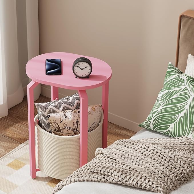 TUTOTAK Small Side Table, Oval End Table, Night Stand, Bedside Table, Set of 2, Sofa Table with Storage Basket, Living Room, Bed Room, Pink TB01BP0932