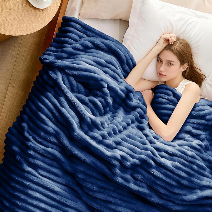 Nookly Navy King Size Blanket for Bed, Soft Lightweight Plush Ribbed Striped Big Blanket, Cozy All-Season Fleece for Bedroom and Home Décor, 108x90 Inches