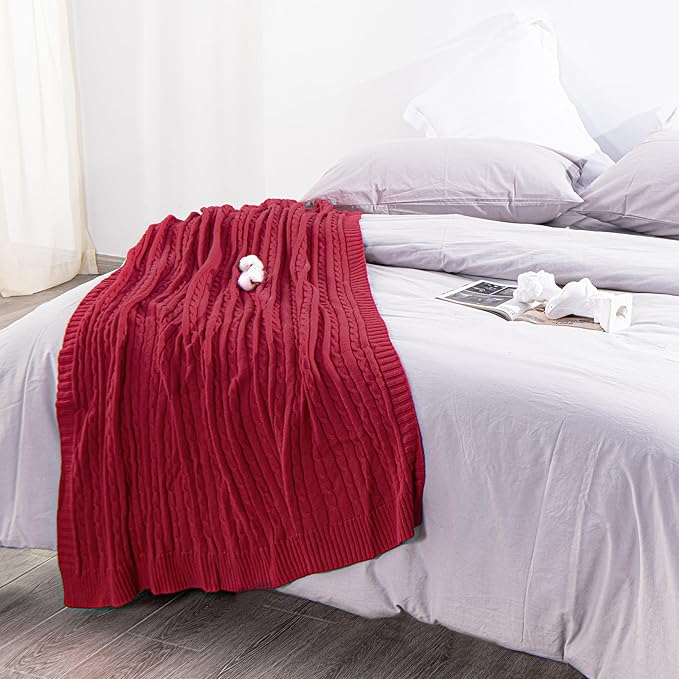 NTBAY 100% Pure Cotton Oversize (60x80) Cable Knit Throw Blanket, Super Soft Warm Knitted Throw Blanket for Bed, Sofa, Chair, Couch - Extra Cozy, Machine Washable, Comfortable Home Decor, Red