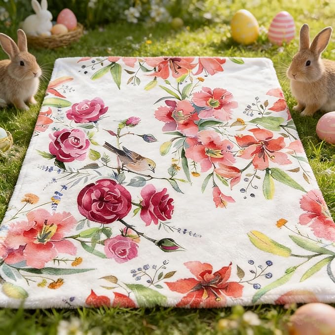 yuboo Spring Floral Throw Blanket, Pink Watercolor Flower Gifts for Women, Mom, Elders and Girls, Floral Blanket, Soft and Cozy Blanket for Spring Decor 50 x 60In