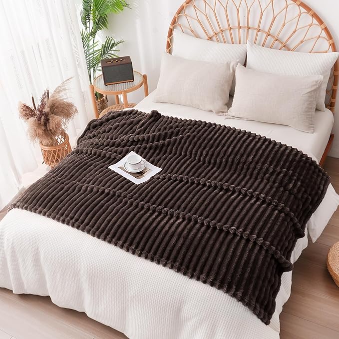 Vessia Flannel Fleece Throw Blanket for Couch,Sofa,Bed, 300GSM Striped Brown Throw Blanket for Adults and Kids, Super Soft Warm Cozy Lightweight Home Decor for All-Season(50x70inch)