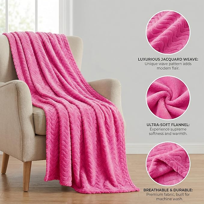 Exclusivo Mezcla King Blanket for Bed, Cozy Lightweight Fleece Blankets for All Season, Decorative Giftable Fuzzy Plush Wave Textured Suitable for Women, Men, Hot Pink, 90x104 Inches