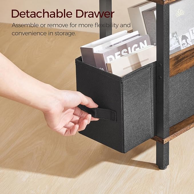 Narrow Side Table with Charging Station, Slim End Table with Fabric Storage, Skinny Nightstand for Small Spaces, Thin Bedside Table for Living Room, Bedroom, Rustic Brown ETHR125E01