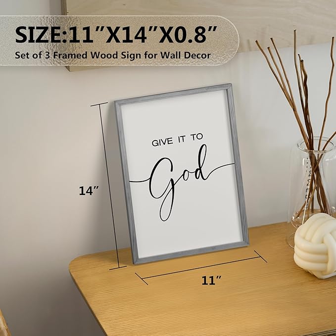 Heiple Give It to God and Go to Sleep Sign Set of 3 Above Bed Wall Decor Farmhouse Bedroom Decor Wood FramedArt Rustic Master Bedroom Essentials Home Decoration (Gray, 11”x14”)