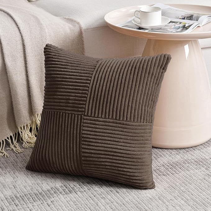 Fancy Homi 2 Packs Dark Brown Big Decorative Throw Pillow Covers 24x24 Inch for Living Room Couch Bed, Farmhouse Boho Home Decor, Soft Corss Corduroy Patchwork Accent Square Cushion Case 60x60 cm