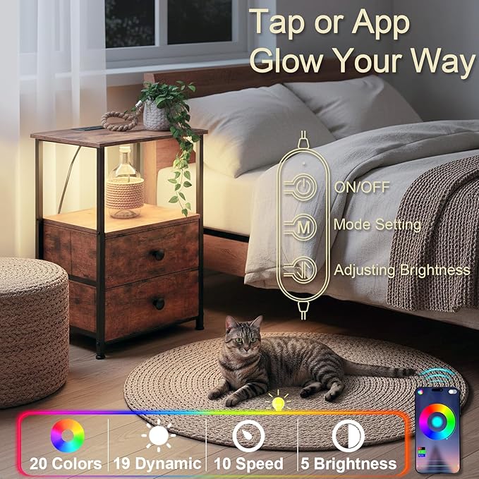 Night Stand Set 2, LED Nightstand with Charging Station, End Tables with Storage Shelf for Small Space, Bedside Table with 2 Fabric Drawers for Bedroom, Brown HETS02PQBR