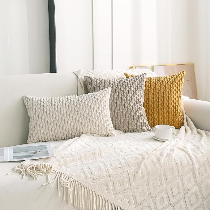 Set of 4 Cream White Decorative Throw Pillow Covers 12x20 Inch Corduroy Pillow Covers for Bed Couch Sofa Living Room Soft Cushion Cases
