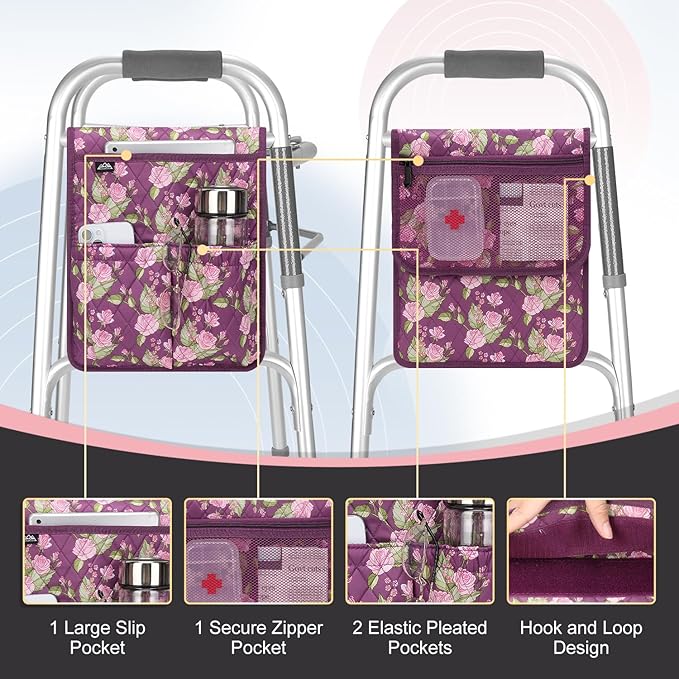 supregear Walker Bag, Universal Seniors Caddy Organizer with Multiple Pockets, Lightweight Accessories for Elderly, Rollators, Wheelchairs and Bedside Rails, Easy to Use Storage Pouch, Floral Purple