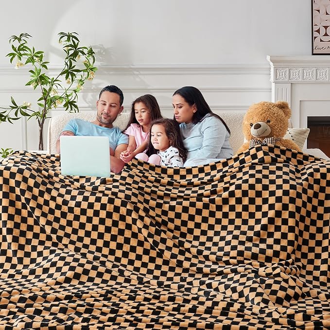 FY FIBER HOUSE Oversized King Blanket 120"x120" Seamless Extra Large 10'x10' Huge Checkered Flannel Fleece Bed Blanket Soft Cozy for Couch Office Sofa, Black Brown