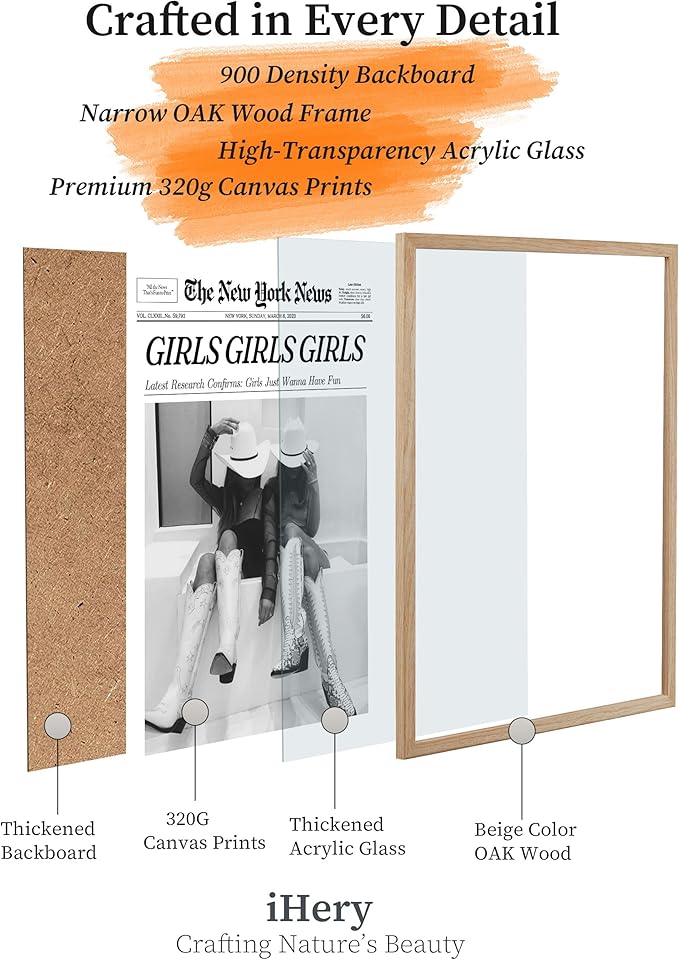 iHery Girls Just Wanna Have Fun Framed Trendy Cowgirl NewsPaper Wall Art, 12x16in Natural OAK Wood Black and White Canvas Wall Decor For Bedroom Dorm Living Room,Vintage Bar Car Home Décor 1Pack