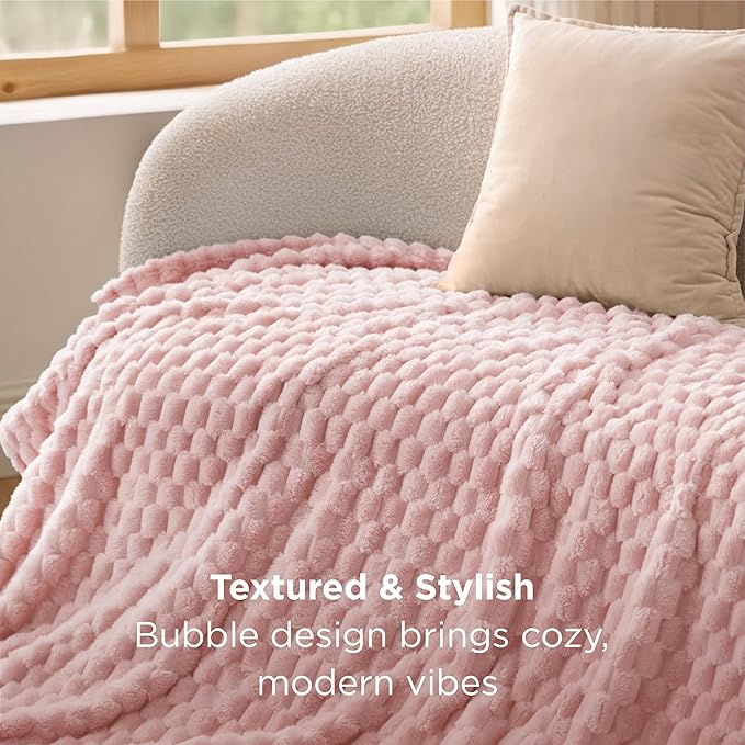 Bedsure Large Throw Blanket for Couch - 350GSM Fluffy Plush Bubble Blanket for Bed Home Room Decor, GentleSoft Cute Fleece Soft Cozy Gifts for Women Girls, Pink, 50x70 Inches