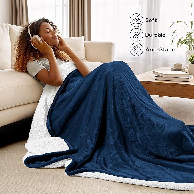 Utopia Bedding Sherpa Blanket Queen Size (Navy, 90x90 Inches) - Soft Lightweight Plush Fleece Reversible Blanket for Bed, Sofa, Couch, Camping and Travel