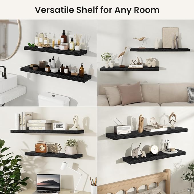 Fun Memories Floating Shelves for Wall, Rustic Wood Wall Mounted Shelves for Bathroom, Bedroom, Living Room & Kitchen, Storage Display Shelves, (Set of 2, Black, 30 in)