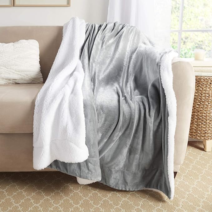 Genteele Sherpa Throw Blanket Super Soft Reversible Ultra Luxurious Plush Blanket, 60 x 80 inches, Silver/White