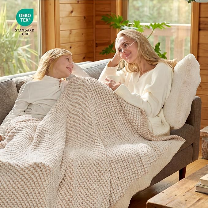 Snuggle Sac Cream Waffle Throw Blanket for Couch Bed Sofa 50x60 inches, Reversible Beige Blanket Microfiber Fluffy Fuzzy Cozy Knit Soft Throws for Women Mothers Birthday Gifts
