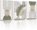 30x40CM Sage Green Boho Wall Art,Framed Canvas Bathroom Wall Art Pictures, Mid-Century Modern Wood Framed Abstract Prints for Bedroom,Minimalist Office Wall Decor 3Pack