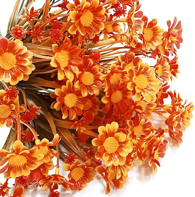 8 Bundles Artificial Daisy Flowers for Outdoors Spring Decor, UV Resistant Faux Cemetery Flowers Plastic Greenery Shrub Fake Flowers Plants Home Gardens Porch Planter Indoor Summer Fall Decor(Orange)