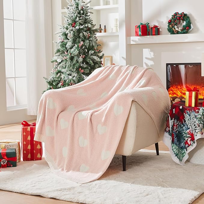 CozeCube Valentine's Day Love Heart Throw Blanket, Super Soft Romantic Fullfy Microfiber, Reversible Featival Blankets for Couch Bed Sofa, Warm Knit Christmas Decorative Gift Blankets, Pink 60"X80"