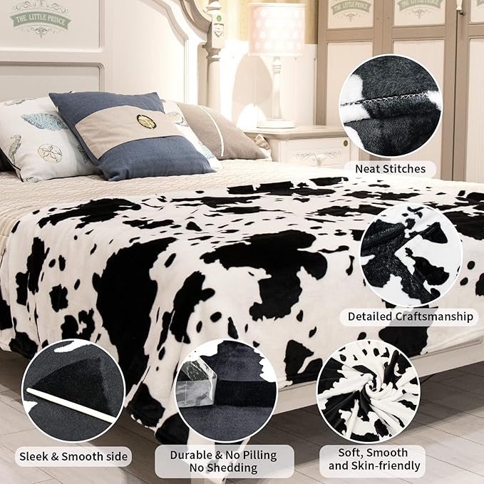 Queen Size Fleece Blanket for Bed, Extra Large Black & White Queen Bed Blanket Soft Couch Throws, All-Season Cute Country Home Decor, Cozy Gifts for Women Men, Lightweight 90" x 90"