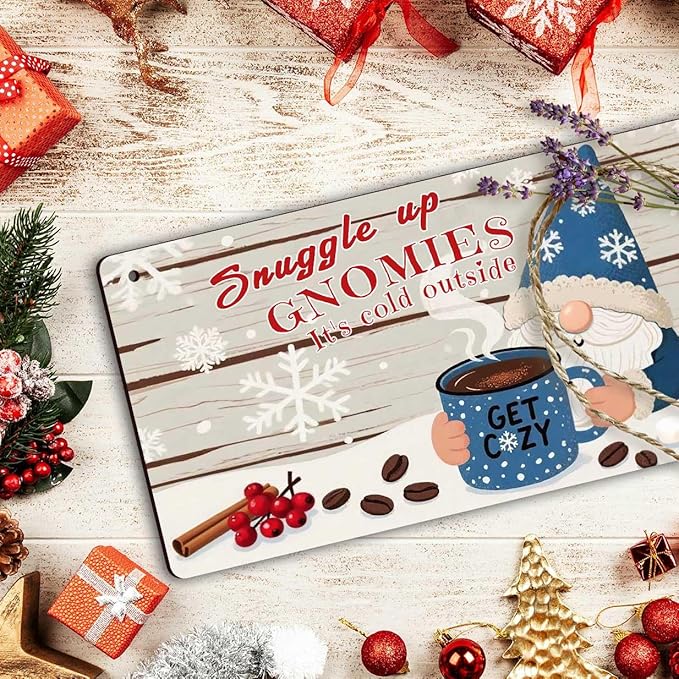 Winter Gnomes Christmas Decor for Front Door Porch Sign - Snuggle Up Gnomies It's Cold Outside Wooden Hanging Sign, Christmas Decorations for Home, Farmhouse, Coffee Bar Decor 6x12 Inch