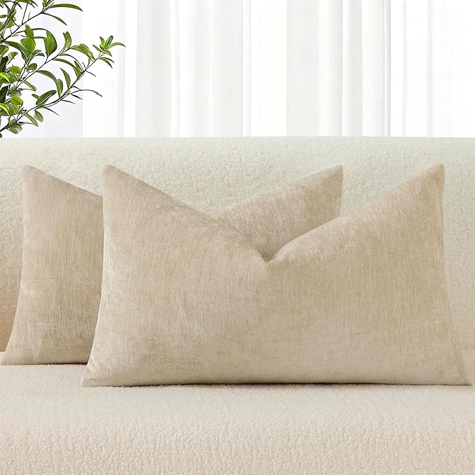 decorUhome Chenille Beige Throw Pillow Covers 12x20 Inch Set of 2, Decorative Soft Couch Pillow Covers Solid Dyed Accent Farmhouse Neutral Rectangle Pillow Cases for Sofa
