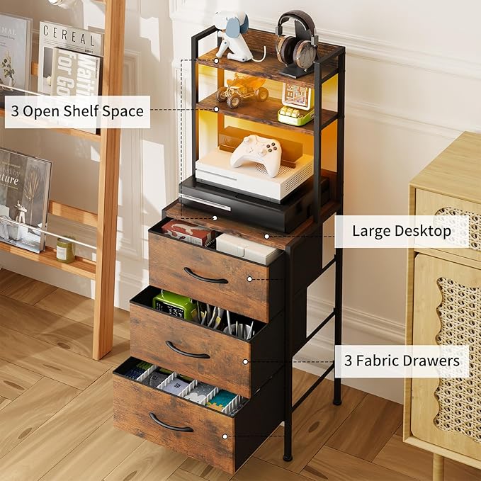 Fixwal 41 Inch Tall Nightstand with Charging Station, Led Night Stand with U-S-B Port & Socket, 3 PU Finished Fabric Storage Drawers, Office, Bedside Table & Bookshelf in One, Rustic Brown