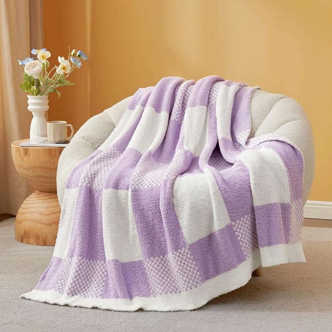 Snuggle Sac Checkered Blanket, Lilac Purple Throw Blanket for Couch Plaid Microfiber Fluffy Warm Cozy Fuzzy Soft Throw Blanket Reversible Checkerered Blankets for Sofa, Bed, 60x80 inches