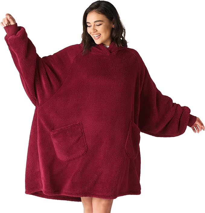 Bedsure Blanket Hoodie, Wearable Blanket Hoodies as Mothers Day Birthday Gifts for Women Men Mom Dad, Warm Cozy Soft Sweatshirt Hooded Blankets for Adult Women Men, Dark Red, Standard